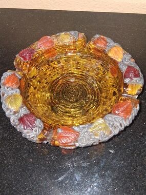 1950's Mid-century Soreno Amber Glass Ashtray with Multicolor Leaf Accents